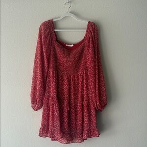 Red Mini dress with a neutral floral print pattern 7/8 length sleeves